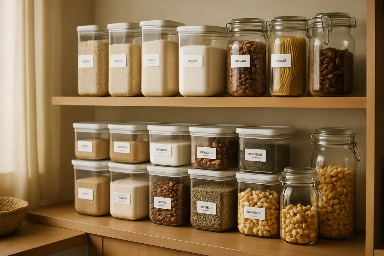 Perfectly organized pantry with glass jars