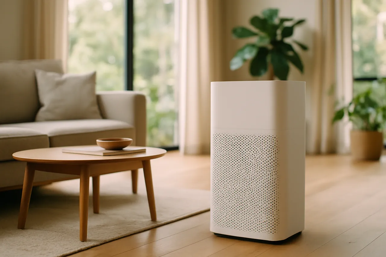 Modern living room with a sleek air purifier